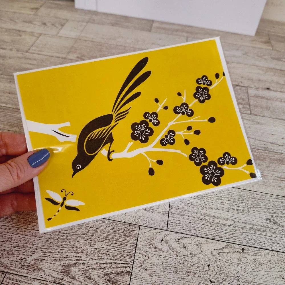 Bird Dragonfly Greeting Card Blank Note‎ Stationery Yellow Black Any Occasion